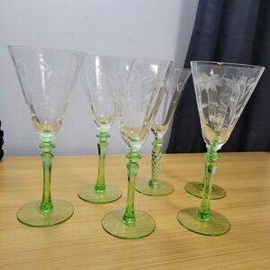 Vintage Uranium Etched Floral Stemware Glass Set of 6 Wine Goblet Optic